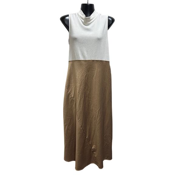 Zara Cream Nude Gold Satiny Contrast Maxi High Neck Dress S Sleeveless Chic Boho - Picture 1 of 6
